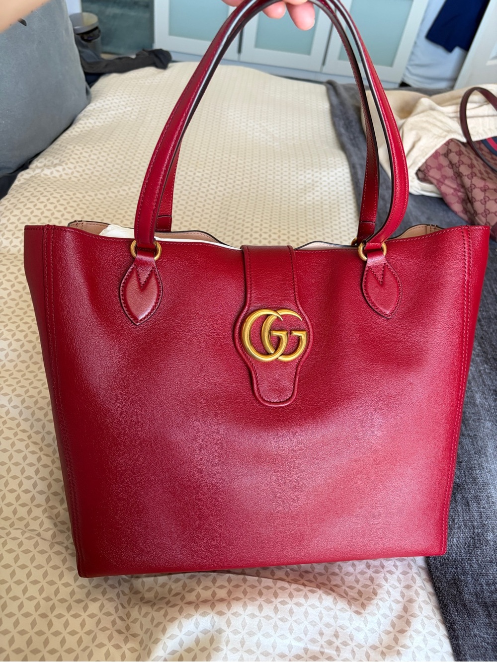 Gucci Red Leather Tote Dhalia Gold Double G Cherry Red NWT